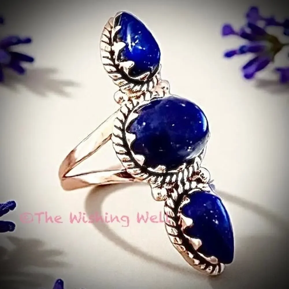 Artisan Crafted Lapis Lazuli Pyrite Sparkle Sterling Three Stone Ring Size 7